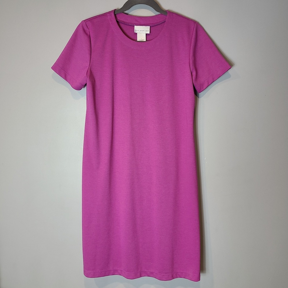 SUSAN GRAVER Women L Midi Dress Casual Stretch Minimalist Work Travel Pink Shift